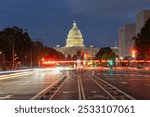 US Capitol viewed down Pennsylvania avenue at night