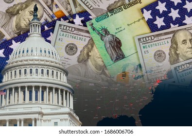 U.S. Capitol In Washington D.C. With Global Pandemic Coronavirus Covid 19 Lockdown, Financial A Stimulus Bill Individual Checks From Government US Dollar Bills Currency On American Flag