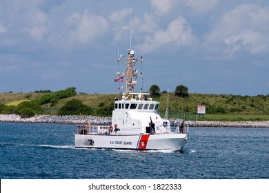 US Coast Guard Boat On Security Patrol In Sea Port