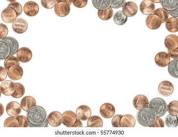 US Coin Currency Border. Isolated On White Background Focus Across All Coins.