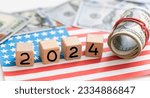 us coin and dollar banknote with usa flag 2024