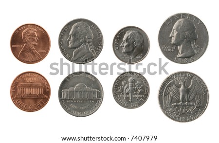 US coins collection isolated on white, obverse and reverse