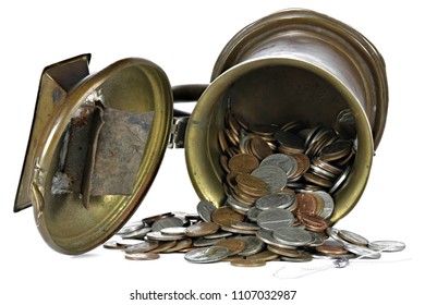 US Coins In An Old Donation Can Isolated On White Background