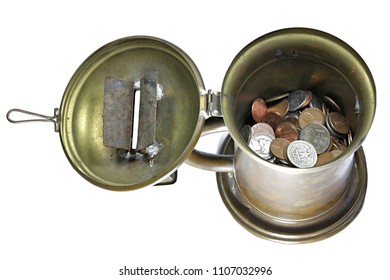 US Coins In An Old Donation Can Isolated On White Background