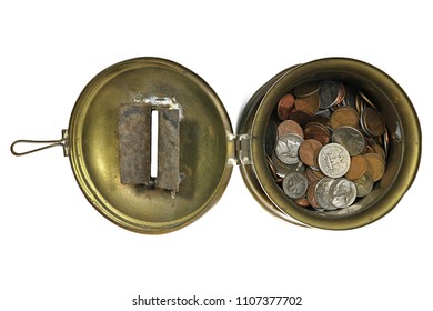 US Coins In An Old Donation Can Isolated On White Background