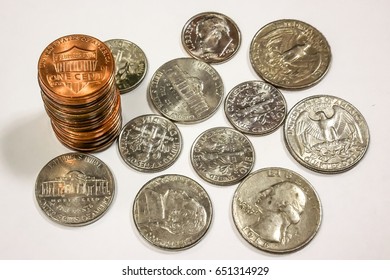 US Coins On White Background.