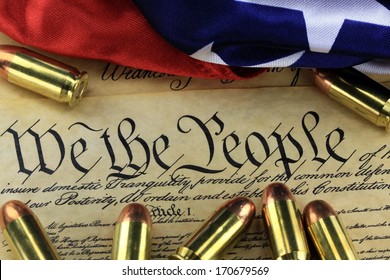 US Constitution Bill Of Rights With 45 Caliber Bullets And American Flag