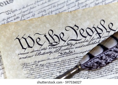 US Constitution, Declaration Of Independence, Bill Of Rights With A Quill Pen And Shallow Depth Of Field