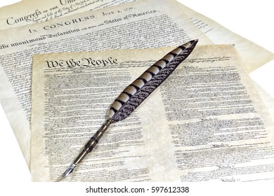 US Constitution, Declaration Of Independence, Bill Of Rights With A Quill Pen And Shallow Depth Of Field