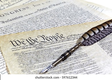 US Constitution, Declaration Of Independence, Bill Of Rights With A Quill Pen And Shallow Depth Of Field