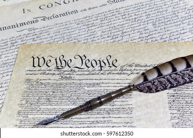 US Constitution, Declaration Of Independence, Bill Of Rights With A Quill Pen And Shallow Depth Of Field