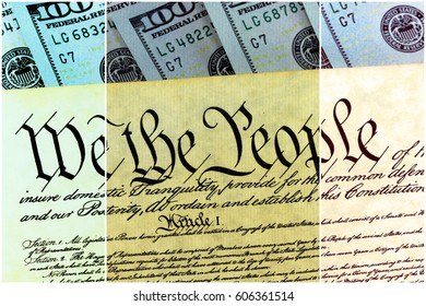 US Constitution With One Hundred Dollar Bills Sitting Above - National Debt Ceiling Concept