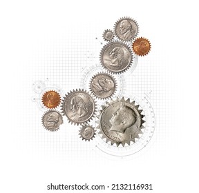 US Currency Coins And Gears Concept Photo Illustration