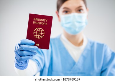 US Doctor Holding Red Global Immunity Passport,SARS Re-infection Risk-free PCR Certificate Concept,recovered COVID-19 Patient Receive Convalescence Proof,Coronavirus Pandemic Track Trace ID Document