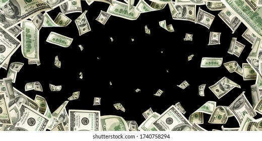 Us Dollar. American Money, Falling Cash. Flying Hundred Dollars Isolated On Black Background.