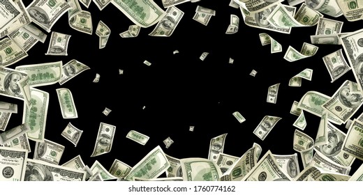 Us Dollar. American Money, Falling Cash. Flying Hundred Dollars Isolated On Black Background.