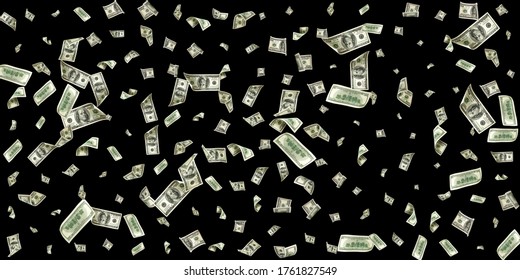 Us Dollar. American Money, Falling Cash. Flying Hundred Dollars Isolated On Black Background.