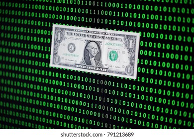 us dollar banknote among binary code background,cryptocurrency concept.