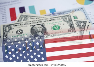 US Dollar Banknotes Money On Chart Graph Spreadsheet Paper With USA America Flag. Financial , Banking Account, Statistics, Investment Analytic Research Data Economy, Trading, Business.