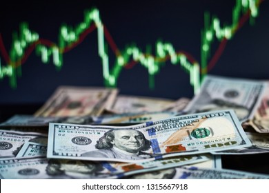 US Dollar Bills On Background With Dynamics Of Exchange Rates. Trading And Financial Risk Concept