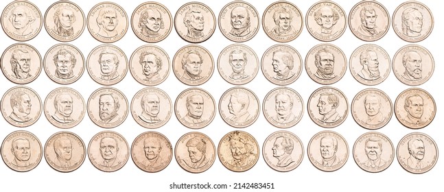 US Dollar Coins President Series 1 Doller Golden Colored. The United States Mint Honors Our Nation's Presidents. Overhead Flat Lay