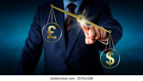 US Dollar Currency Symbol Is Outbalancing The British Pound Sterling Sign On A Virtual Golden Pair Of Scales. Metaphor For Trade Imbalance And The Modern Foreign Currency Exchange Market.