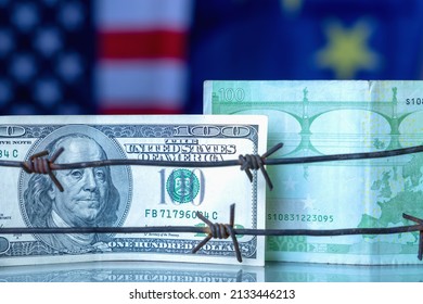 US Dollar And EU Currency Wrapped In Barbed Wire As Symbol Of Joint Economic Warfare, Sanctions Against Russia For The Genocide Of The Ukrainian People By The Russian Leadership And Army.