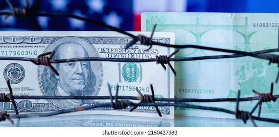 US Dollar And EU Currency Wrapped In Barbed Wire As Symbol Of Joint Economic Warfare, Sanctions Against Russia For The Genocide Of The Ukrainian People By The Russian Leadership And Army.