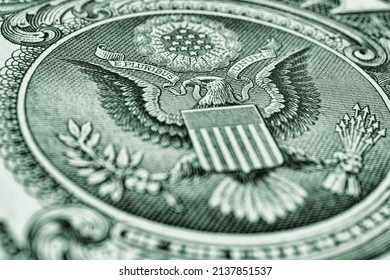 US dollar. Fragment of banknote. Reverse of bill with the Great Seal. The bald eagle is the national symbol. Green tinted illustration. American treasury and treasuries. Economy of the USA