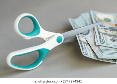 US dollar money. Decrease in the value of the dollar, Increase or decrease in interest rates. Financial and business concept. Cost analysis. Scissors cut banknotes. Close up