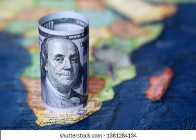 US Dollar On The Africa Map Background. American Investment And Trading, African Economy