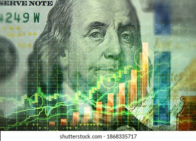 US dollar on the background of the financial chart. Concept Economy, business investment, economic crisis, decline in profits, recession. mixed media
