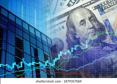 US Dollar On The Background Of The Financial Chart. Concept Economy, Business Investment, Economic Crisis, Decline In Profits, Recession. Mixed Media