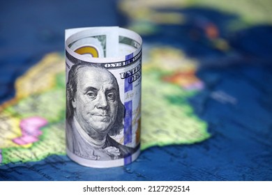 US dollar on the map of South America. American investment and trading with Latin America and Brazil, american policy and influence