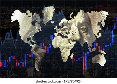 The Us Dollar Is Superimposed On The World Map. Payments In US Dollars. Stock Market Trading In America. The Role Of The United States In The World Economy. American Expansion.