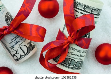 Us Dollars Banknotes With Ribbon As A Cash Gift For Christmas