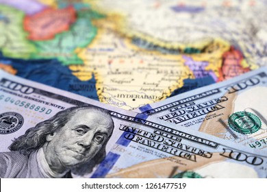 US Dollars On The Map Of South-East Asia. American Investment And Trading With India And Asian Countries, Concept Of American Policy And Influence