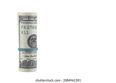 US dollars Rolled up with a rubber band. One hundred US dollars isolated on a white background.