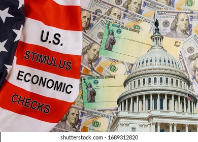 U.S. Economic STIMULUS CHECKS Bill Coronavirus Global Pandemic Covid 19 Financial Lockdown From Government US 100 Dollar Bills Currency On American Flag