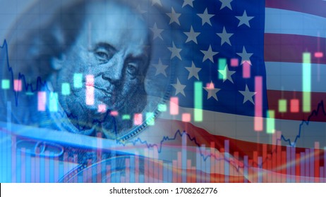 US economy. Franklin portrait next to the flag. Financial market of America. Charts next to a portrait of Franklin. Concept - economists forecast for the United States. US government bonds.