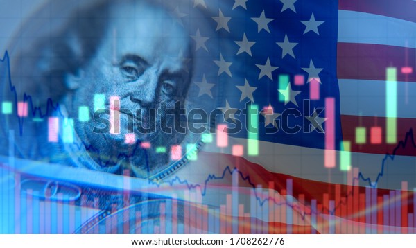 US economy. Franklin portrait next to the flag.\
Financial market of America. Charts next to a portrait of Franklin.\
Concept - economists forecast for the United States. US government\
bonds.