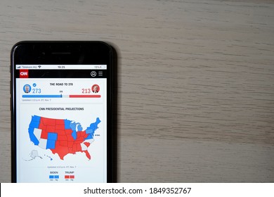 U.S. Election 2020: Joe Biden Wins For Victories Over 46th U.S. President Donald Trump. Live Preview Of Election Results On Your Mobile Phone Screen On The News Page. Place For Text.