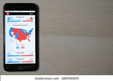 U.S. Election 2020: Joe Biden Wins For Victories Over 46th U.S. President Donald Trump. Live Preview Of Election Results On Your Mobile Phone Screen On The News Page. Place For Text.