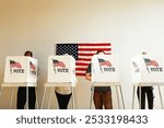 US election day, Diverse people at voting booth at US election station with American flag in background. Diverse people in line to vote at US election day. Vote for American democracy.