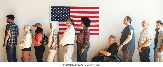 US election day, Diverse people wait in line to vote at US election station with American flag in background. Diverse people wait in line to vote at US election day. Vote for American democracy. - Powered by Shutterstock