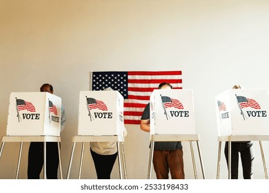 US election day, Diverse people at voting booth at US election station with American flag in background. Diverse people in line to vote at US election day. Vote for American democracy. - Powered by Shutterstock