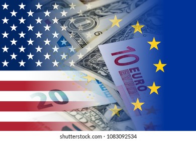 Us And Eu Flags With Euro And Dollar Banknotes Mixed Image