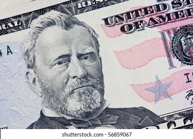 A US Fifty 50 Dollar Bill Close Up Of Grant On A White Background