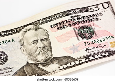 A US Fifty 50 Dollar Bill Close Up Of Grant On A White Background