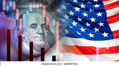 US Financial Market. Concept - Government Bonds Of America. Flag Of The United States Of America. Franklin Partret Next To The Falling Charts. Collapse Of The Economy. Crisis. Recession
